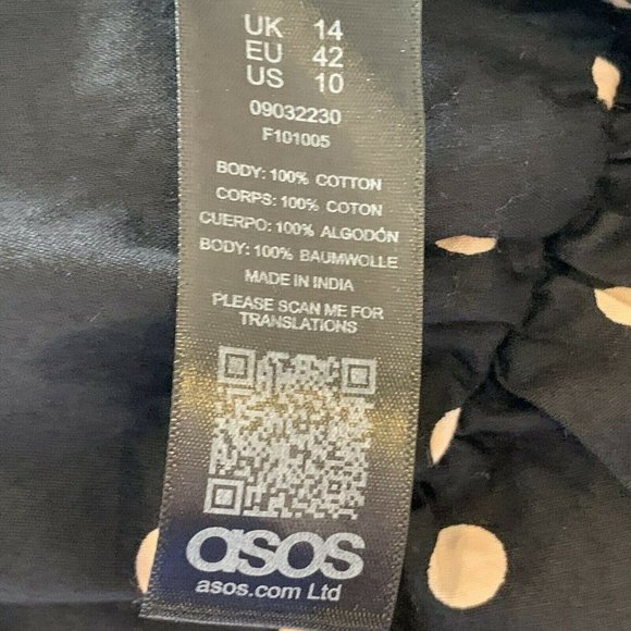 Asos Black Polka Dot Print Cotton Ruched Off The Shoulder Mini Dress Womens 10 - Picture 11 of 12